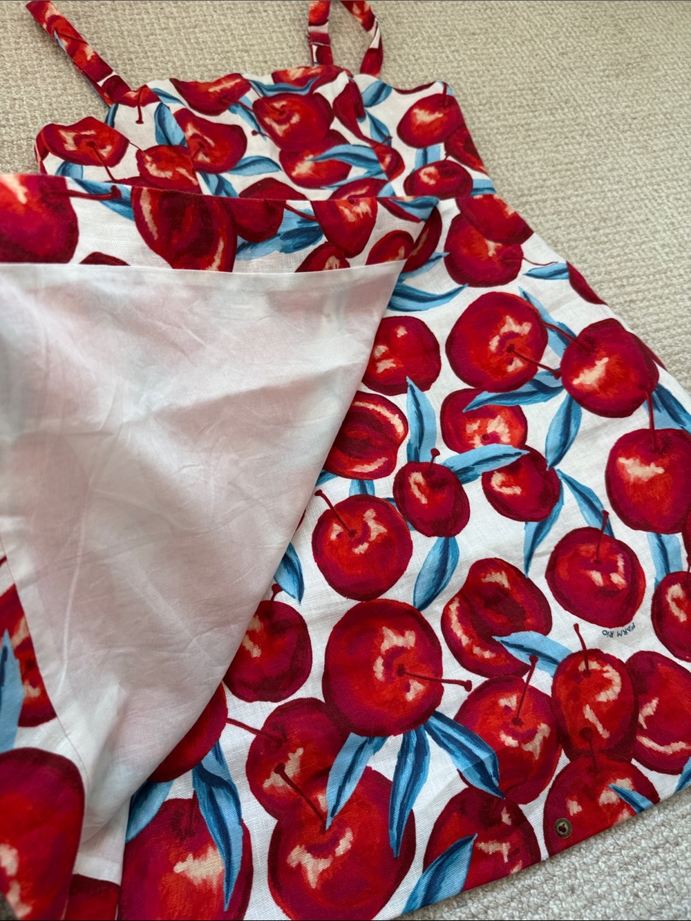 FARM Rio Linen Red Cherry Print Mini Dress with Blue Leaves - worn once. Size S - Picture 7 of 9